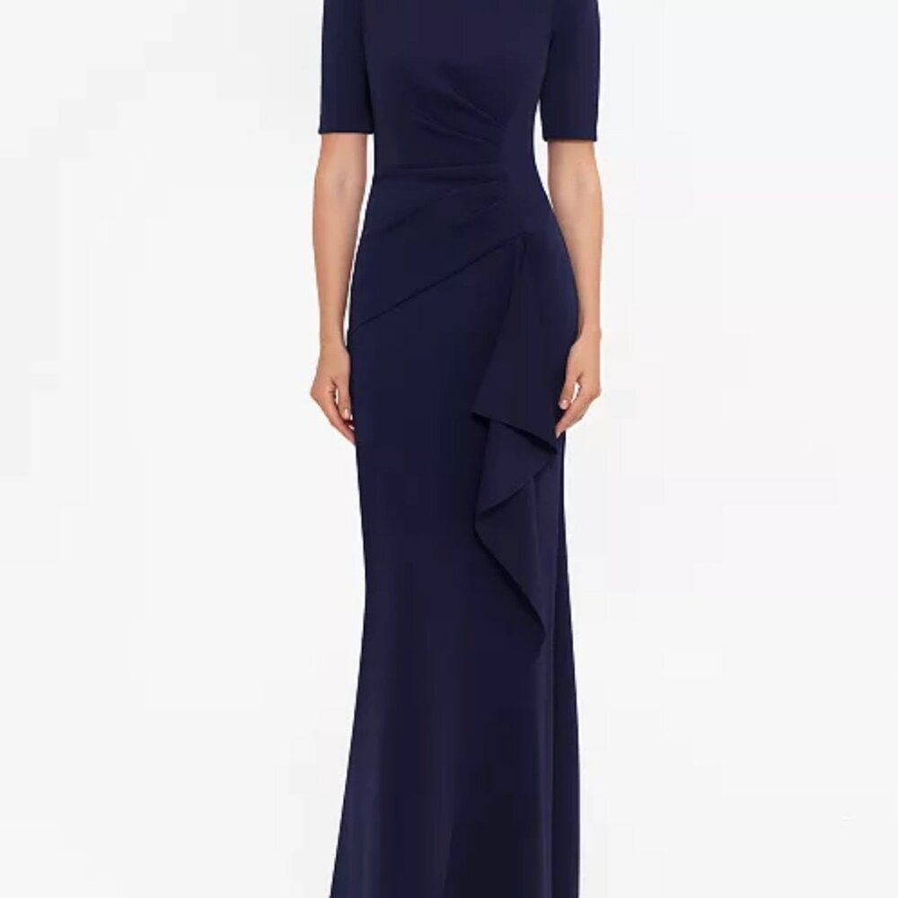 Xscape Ruched A-Line Gown in Navy